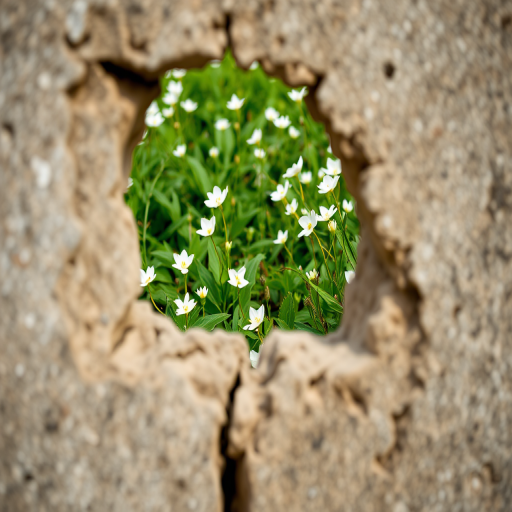 capture a detailed image of a broken wall revealing a vibrant green landscape with blooming white flowers, shallow depth of field, f/2.8 aperture, 50mm lens, natural light, taken with a DSLR camera