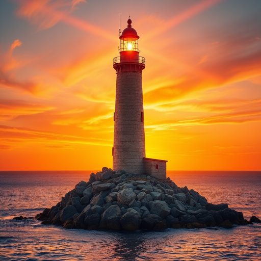 Generate an image of a tall lighthouse perched on a rocky outcrop surrounded by calm ocean waters during a breathtaking sunset. The lighthouse stands sturdy and weathered, its stone surface illuminated by the warm golden light of the setting sun. The sun's rays pass directly through the glass lantern room at the top of the lighthouse, casting a brilliant light across the scene. The sky is painted with vibrant shades of orange, pink, and purple, reflecting off the tranquil sea. The surrounding water shimmers with the same warm hues, creating a serene and majestic atmosphere.