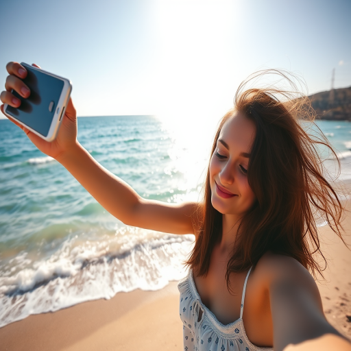 A young woman taking a selfie on a beach with a scenic ocean backdrop, bright sunlight illuminating the scene, shallow depth of field, f/2.8 aperture, 50mm lens, ISO 100, vibrant colors, DSLR camera, wide-angle view.