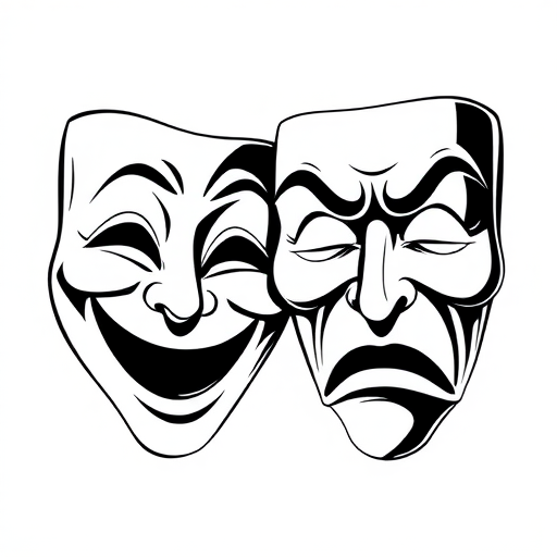 Create a high-resolution illustration of two theatrical masks, one smiling and one frowning, with bold black and white contrasts, captured in a digital illustration style, using a 50mm lens at f/8 aperture, ISO 100, and soft natural lighting for enhanced detail and clarity.