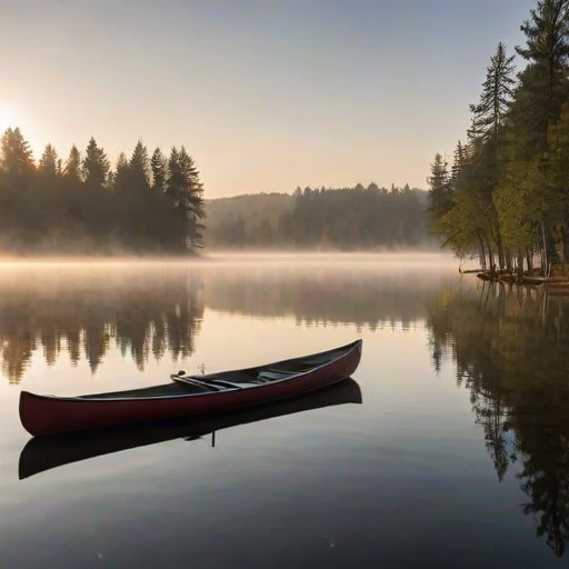 Tranquil lakeside scene, with a wooden dock extending into the water, a canoe gently bobbing in the calm lake, and mist rising from the surface as the sun rises in the background.