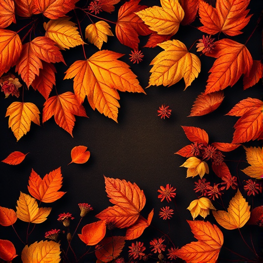 Create a vibrant digital illustration of abstract leaves and flowers in warm autumn colors on a dark background, using a DSLR camera with a 50mm lens, aperture f/2.8, ISO 100, in a top-down view, with a soft focus style to enhance depth and texture.