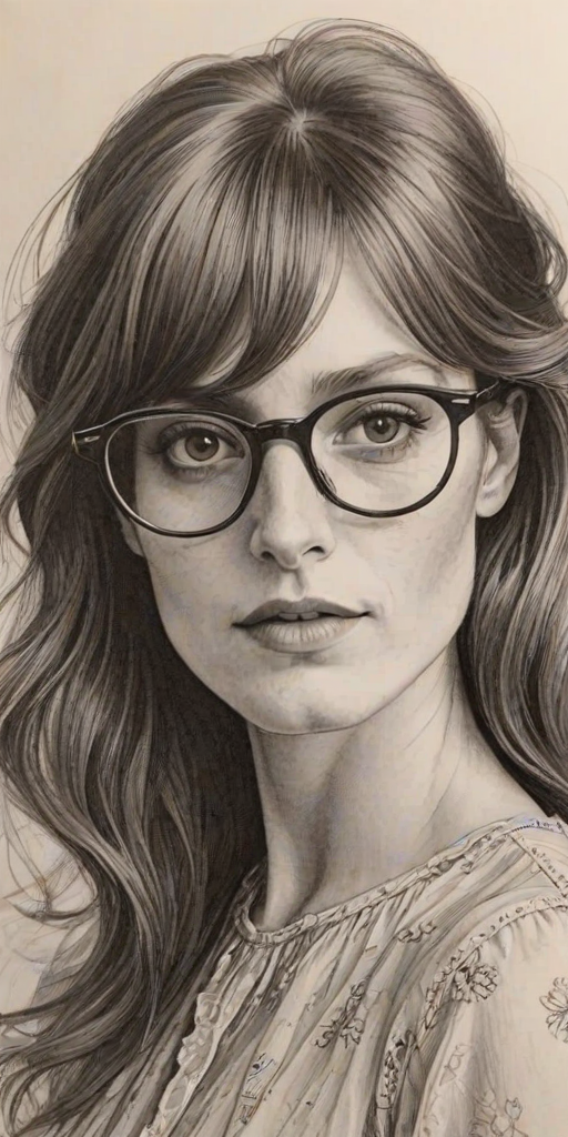 Bewitching Florence Welch, pencil sketch, portrait of Splendid woman 1961s in glasses, hair style beatnik, outline, clear lines, fine lines, 8k