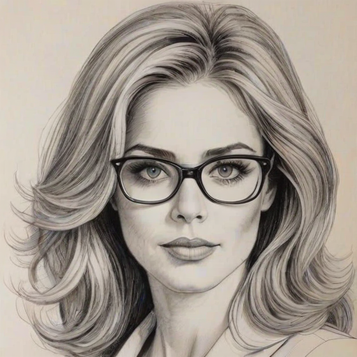 Fetching Christina Moore, pencil sketch, portrait of Dazzling woman 1971s in glasses, hair style beatnik, outline, clear lines, fine lines, 8k