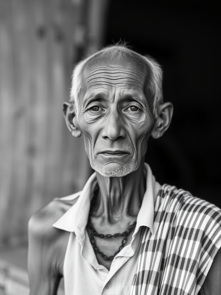 Create a black and white portrait of an elderly man with a thin frame, wearing a simple, sleeveless shirt and a striped cloth draped over his shoulder, with natural light highlighting his facial features and a soft, blurred background.