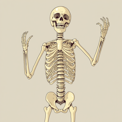 Create a highly detailed illustration of a skeleton in a playful pose, with a focus on intricate bone structure, use a DSLR camera with a 50mm lens, aperture set to f/2.8, 1/100 shutter speed, in natural light, and a slightly elevated angle for depth.