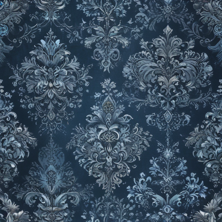 Elegant Blue Damask Pattern Featuring Intricate Floral and Leaf Designs.