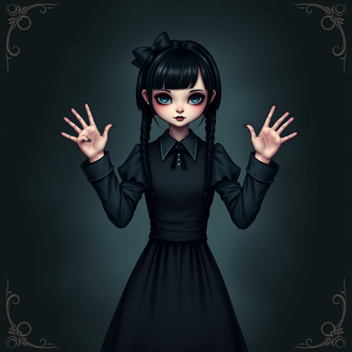 Digital art, full height portrait of Wednesday Addams, standing up with her hands in the air as if in a hold-up. Her dark, gothic attire replaces Alice’s classic blue dress, and she wears black shoes instead of blue. A small, neat black bow adorns her hair, capturing her signature style. The overall composition maintains a whimsical yet eerie tone, similar to Alice in Wonderland, while showcasing Wednesday’s iconic gothic charm.