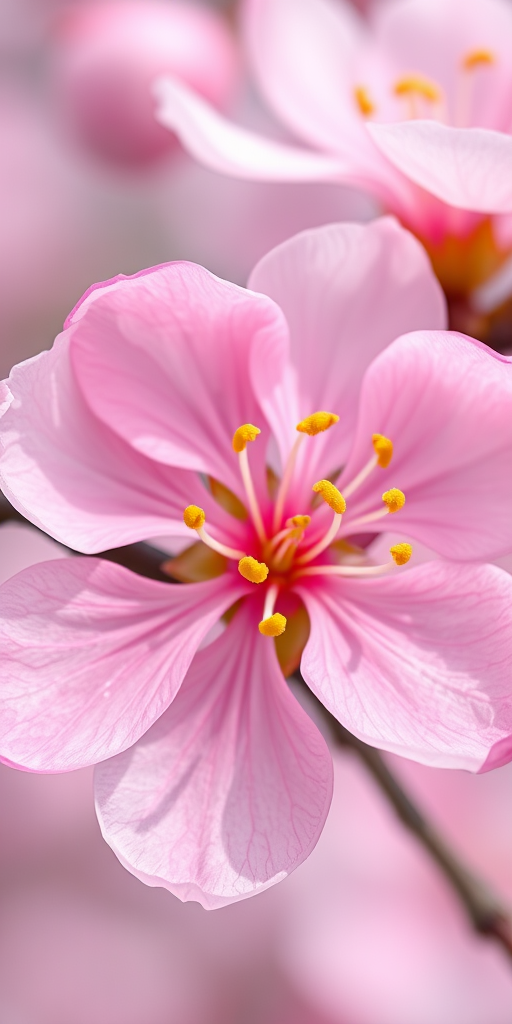 Create a high-resolution digital illustration of a pink cherry blossom flower, with five petals and yellow stamens, using a macro view style and DSLR camera settings at f/2.8 aperture, ISO 100, and a 100mm focal length for enhanced detail and clarity.