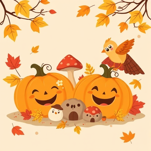 create a cute illustration of smiling pumpkins, mushrooms, and a cartoon bird surrounded by fall leaves in warm autumn colors with a clean background, shot with a Canon EOS R5 at f/4, ISO 100, and a 50mm lens from a slightly elevated angle for depth.