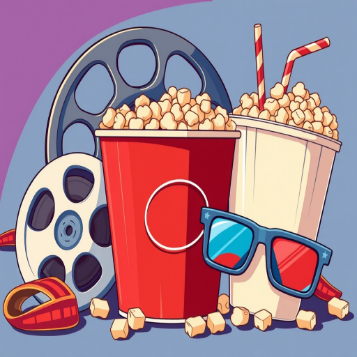 Create an illustration of a film reel, a large bucket of popcorn, a soda cup with a straw, and 3D glasses, with a focus on vibrant colors and a playful cartoon style, using a DSLR camera, shot from a top-down view, aperture set to f/2.8 for a shallow depth of field, ISO 200 for clarity, and a shutter speed of 1/125 to capture details.