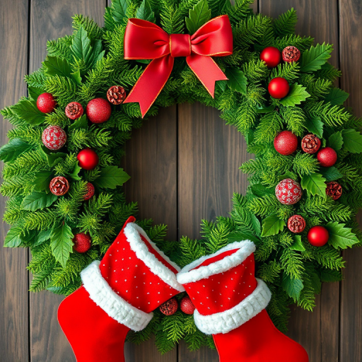 Create a vibrant Christmas-themed wreath featuring green foliage and red stockings with white trim, using a high-resolution camera at f/5.6, ISO 200, 50mm lens, and a top-down view to emphasize details and colors.