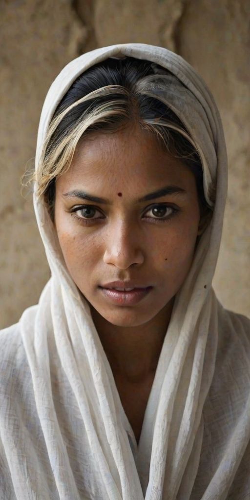 Create a close-up photographic image of a Indo-Caribbean woman with light skin tones shown against an old, worn wall. Their head is wrapped in a white cloth covering (i.e.... parts of the head except the nose and mouth, which are open as if they are screaming...), with a slight texture and visible folds in the fabric. Thin strands of blonde hair escape from the wrapping above, falling lightly at the top and sides. Their hands hold the fabric as if they are tugging nervously. The lighting is dramatic and even, casting strong shadows. The image has a minimalist and surreal style with an emphasis on simplicity with soft color tones. The composition is centered.