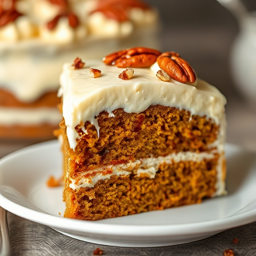 A close-up view of a slice of moist carrot cake with cream cheese frosting topped with crushed pecans on a white plate, showcasing the layered texture of the cake and frosting. The background is softly blurred with more cake visible, creating a warm and inviting dessert scene.