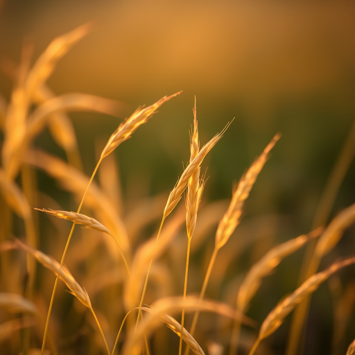 Capture a close-up of golden grass swaying gently in the breeze during golden hour with a shallow depth of field using a DSLR camera, f/2.8 aperture, 50mm lens, ISO 200, and soft natural lighting for enhanced image quality.