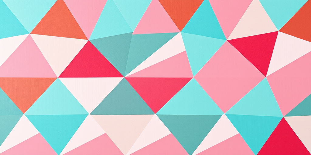 Create a vibrant geometric pattern featuring colorful triangular shapes in shades of teal, pink, brown, and white, with a soft focus effect using a DSLR camera at f/4 aperture, 35mm lens, 1/125 sec shutter speed, and natural light for enhanced clarity and depth.