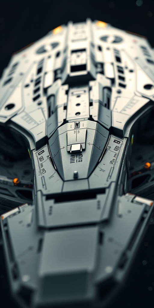 A detailed 3D rendering of a futuristic starship with intricate surface details and lighting, captured at a low angle with a wide-angle lens, using a DSLR camera at f/8, ISO 100, 1/200 sec exposure, in high resolution.