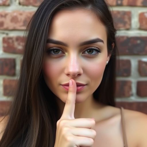 Capture a close-up portrait of a woman with long dark hair and a soft expression, holding a finger to her lips in a shushing gesture, against a textured brick wall background, using a 50mm lens, aperture f/1.8 for shallow depth of field, ISO 100, and natural lighting to enhance image quality.