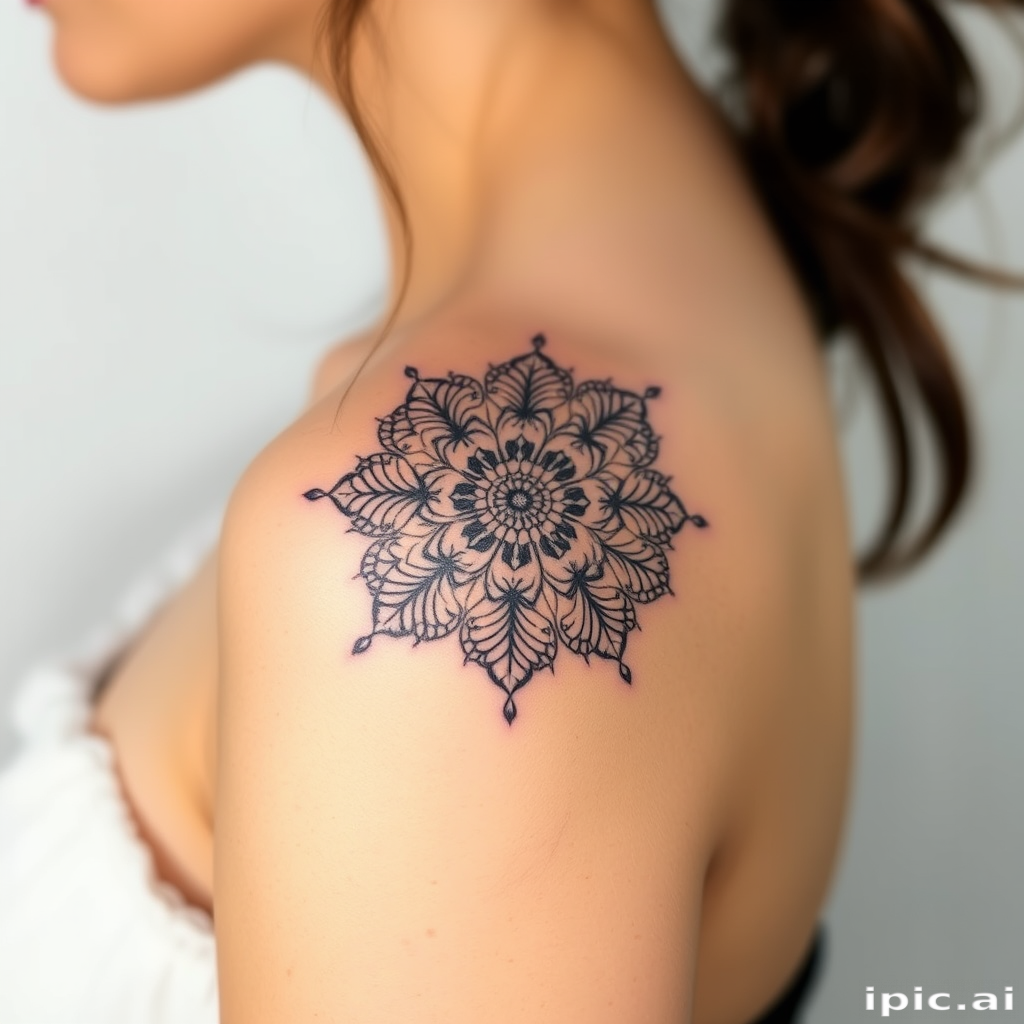 Delicate white ink mandala tattoo adorning the shoulder, incorporating lace-like patterns and intricate floral motifs, visible only in certain lighting for a subtle and elegant appearance