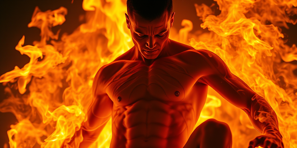Create an image of a figure surrounded by intense flames, emphasizing a dynamic pose with a focus on intricate details of the figure's surface texture, shot with a DSLR camera at f/2.8 aperture, ISO 100, 50mm lens, with a high dynamic range and a dramatic low-angle view to enhance the visual impact of the fire and figure.