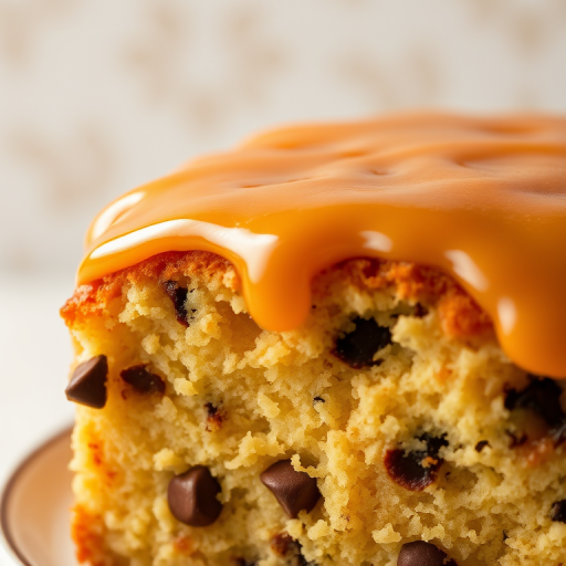 A close-up view of a moist cake with a golden caramel glaze on top showcasing a fluffy texture and chocolate chips throughout the cake. The background features a soft, blurred pattern, emphasizing the cake's delicious appearance.