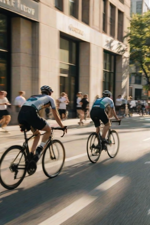 Blurry, candid shot of a group of cyclists racing through a city street, their forms captured in motion, distant buildings casting long shadows, and the rush of wind and energy filling the air.