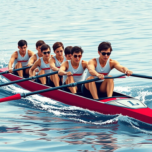 create an image of a rowing crew in a synchronized motion, capturing a dynamic team spirit with vivid red graphics, use a Canon EOS R5 with a 50mm lens, aperture f/2.8, ISO 100, shutter speed 1/500 sec, wide-angle view, high contrast, digital illustration style