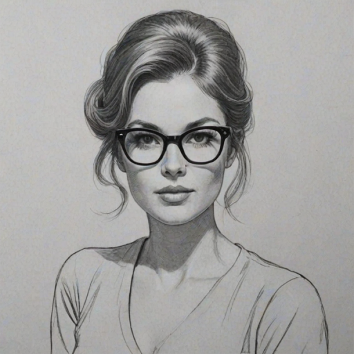 Fetching Martha MacIsaac, pencil sketch, portrait of Stunning woman 1960s in glasses, hair style beatnik, outline, clear lines, fine lines, 8k