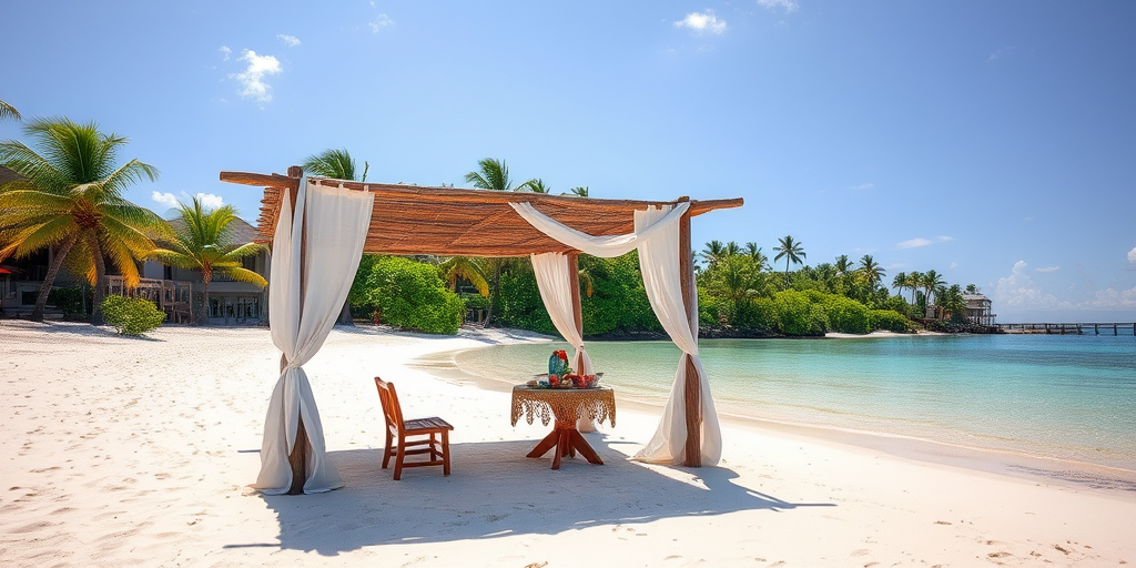Create a picturesque tropical beach scene featuring a serene, white sandy shore. In the foreground, there's a rustic wooden canopy with white drapes gently flowing in the breeze. Underneath the canopy, a table is set with tropical decor, evoking a sense of relaxation and leisure. The beach extends into a calm, shallow water area with reflections of the sky and surroundings. Palm trees and lush greenery line the edge of the beach, providing a natural, tropical backdrop. The sky is clear with a few scattered clouds, and the overall atmosphere is tranquil and inviting, perfect for a peaceful retreat.