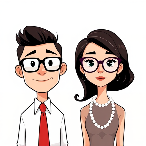 Create a high-resolution digital illustration of two cartoon characters in a minimalistic style: a man with glasses, a tie, and a comb-over hairstyle on the left, and a woman with glasses, a pearl necklace, and styled hair on the right, using a 50mm lens at f/2.8 for a soft background focus, high dynamic range, and vibrant contrast, with a symmetrical composition to enhance balance and clarity.