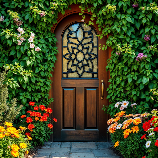 Create an enchanting scene of a wooden door surrounded by lush greenery and colorful flowers with intricate glasswork, using a DSLR camera, 50mm lens, aperture f/1.8, ISO 100, natural lighting, soft focus effect.