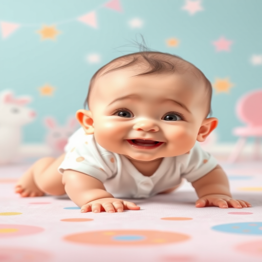 Create an image of a cute, smiling cartoon baby crawling on all fours, with soft pastel colors and a whimsical background, using a 50mm lens, f/2.8 aperture, ISO 100, and a shallow depth of field for a soft focus effect, captured in a brightly lit studio setting.