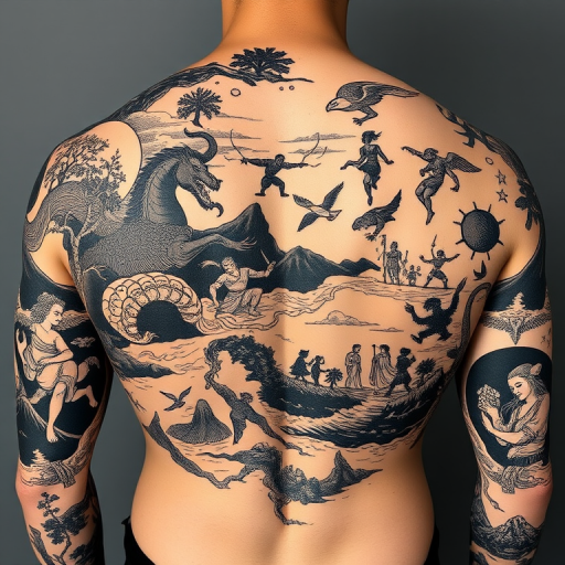 Woodcut-style tattoo titled "Folklore Etched" featuring scenes from mythology and folklore rendered in the style of traditional woodblock prints, with bold black lines and intricate cross-hatching to create texture and depth, spanning across the upper back and shoulders