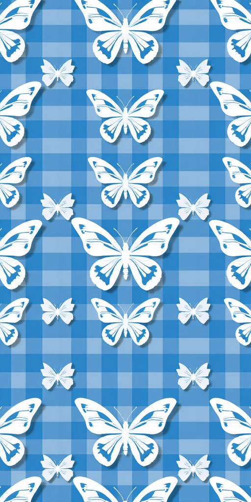 Generate a high-resolution image of a repeating pattern featuring stylized white butterflies on a blue and white checkerboard background, use a 50mm lens, aperture f/8, ISO 100, shot from a top-down view with a DSLR camera.