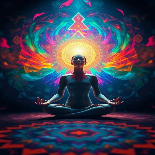 Create an ethereal image of a meditating figure surrounded by vibrant, swirling colors and geometric patterns in a soft focus, using a DSLR camera with a 50mm lens, f/1.8 aperture, ISO 200, and a soft, diffused lighting setup to enhance the luminosity and depth of colors.