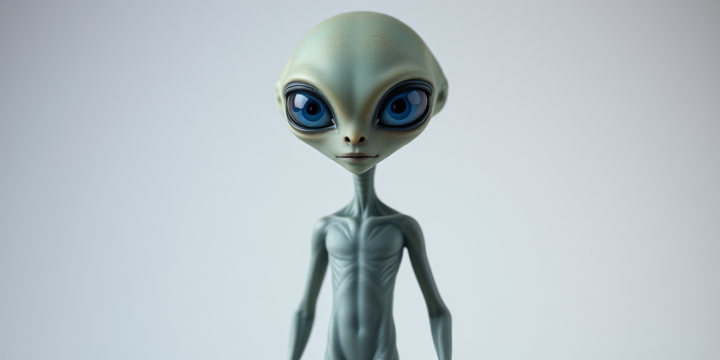 Create a realistic alien figure standing upright with large blue eyes, rendered in high resolution, using a Canon EOS R5 camera with a 50mm f/1.2 lens, aperture set to f/2.8, ISO 100, and a softbox lighting setup for even illumination.
