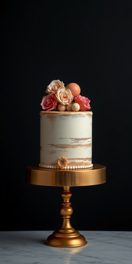 cake on a golden pedestal against a dark background, detailed decorations featuring flowers and spheres, soft lighting for a warm ambiance, DSLR camera settings aperture f/2.8, shutter speed 1/60 sec, ISO 200, 50mm lens, using macro photography style for intricate details and sharp focus.