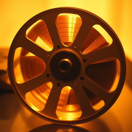 High-quality vintage film reel with golden hues and dynamic lighting, captured with a Canon EOS R5, 50mm lens, f/2.8, ISO 100, 1/200s, soft focus background, cinematic style, top-down view.