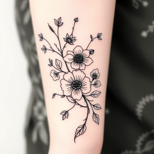 Fine line botanical tattoo, "Nature's Delicacy," featuring exquisitely detailed flowers, leaves, and vines rendered in ultra-thin black lines, capturing the intricate textures and patterns found in nature, perfect for a delicate arm or ribcage piece