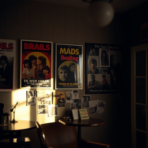 Capture a dimly lit room featuring iconic band posters and vintage photographs on the wall with a shallow depth of field, using a Canon EOS R5, 50mm lens, aperture f/1.8, ISO 800, shutter speed 1/60s, soft natural light for a warm ambiance.