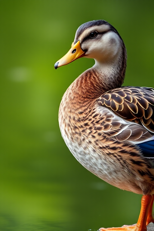 A close-up shot of a duck standing on the edge of a pond, with a shallow depth of field, using a DSLR camera, f/2.8 aperture, 1/200 sec shutter speed, ISO 100, natural lighting, focusing on the textured feathers and vibrant colors against a blurred green background.