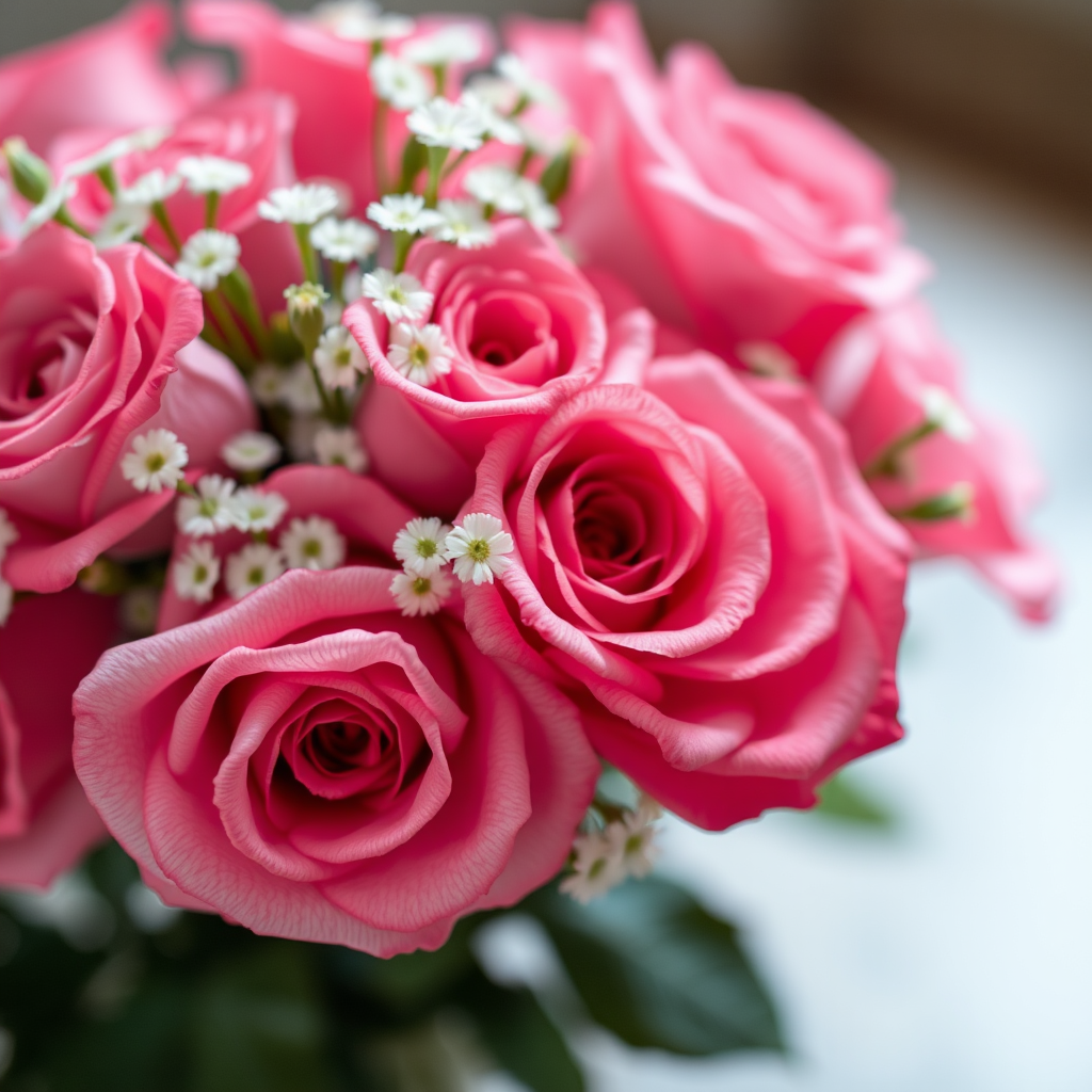 regenerate a bouquet of pink roses with delicate white flowers, focus on vibrant colors and details, shallow depth of field, 50mm lens, f/1.8 aperture, natural light, macro photography, high-resolution image