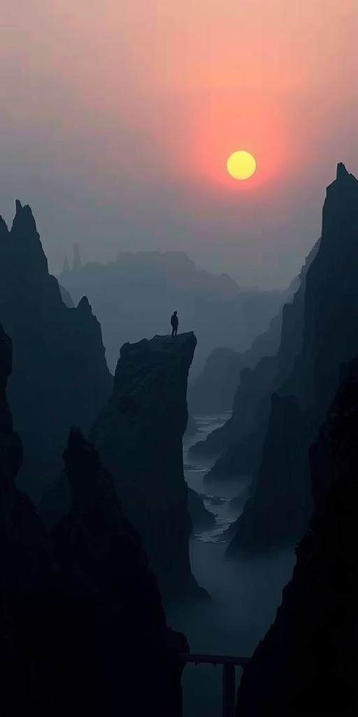 generate a dark fantasy landscape with jagged cliffs and a lone figure silhouetted against a hazy sunset over a misty waterway, shot with a DSLR camera at f/11, ISO 100, 24mm lens, using a moody color palette and high dynamic range to enhance details and depth.