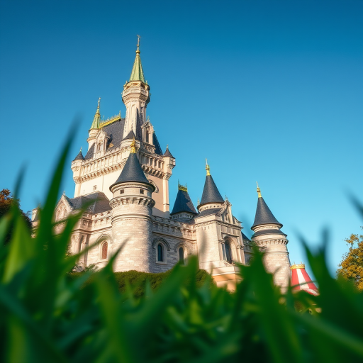 Capture a high-resolution image of a grand castle with intricate architectural details using a DSLR camera at f/8 aperture, 1/200 sec shutter speed, ISO 100, wide-angle lens, shot from a low angle to emphasize the structure against a clear blue sky with lush greenery in the foreground.