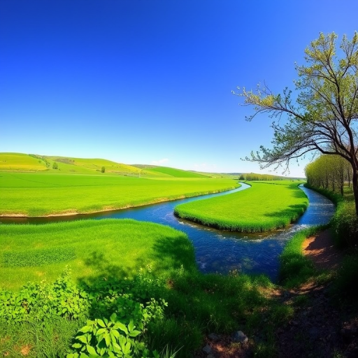 Generate a high-resolution image of a serene landscape with a clear blue sky, vibrant green fields, and a tranquil river flowing through the scene, using a DSLR camera set at f/8 aperture, ISO 100, 1/200 sec shutter speed, with a wide-angle lens to capture a panoramic view in natural light.