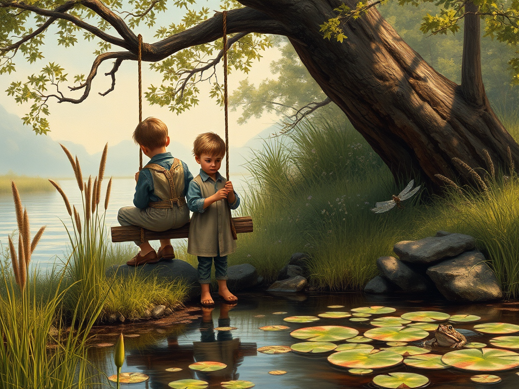 Imagine a small group of old fashioned young boys out fishing by the creek, a swing hanging from a tree branch, reeds and grasses by the water's edge, a frog sitting on a lily pad, dragonflies hovering over som water plans, a very iconic old fashioned scene reminiscent of a Norman Rockwell painting style