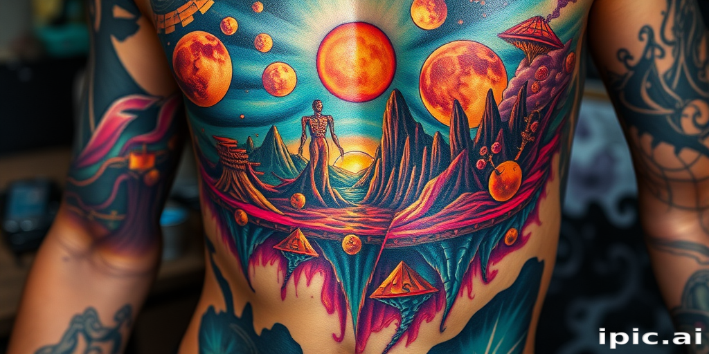 Surreal body tattoo depicting a dreamscape melting into reality across the ribcage, blending photorealistic elements with abstract forms in vivid psychedelic hues