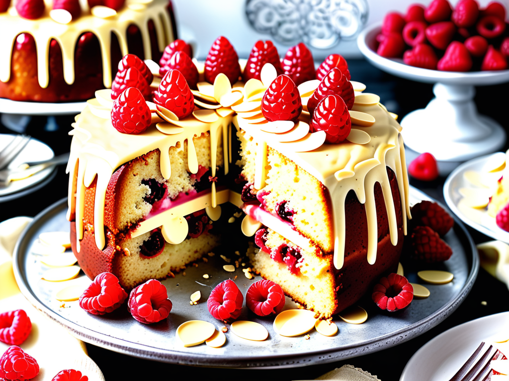white chocolate raspberry almond cake