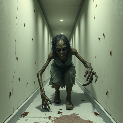 a crooked female with long arms and a creepy smile is crawling along a long white corridor and you can also see cockroaches in it there is a creepy atmosphere creepy art style