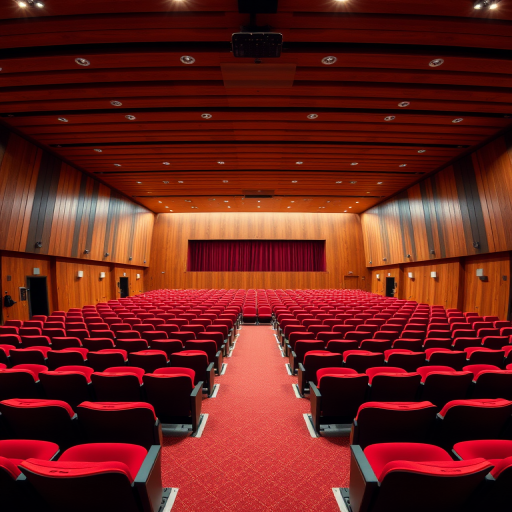 Interior of an auditorium with red seats arranged in rows, wood paneling on the walls, bright overhead lighting, and a stage at the front; captured with a DSLR camera, aperture f/2.8, ISO 400, 24mm lens, wide-angle view, natural lighting to enhance image quality.